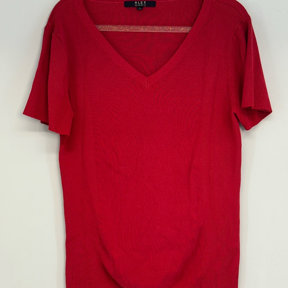Alex Marie Red Short Sleeve V-Neck Top size large silk blend